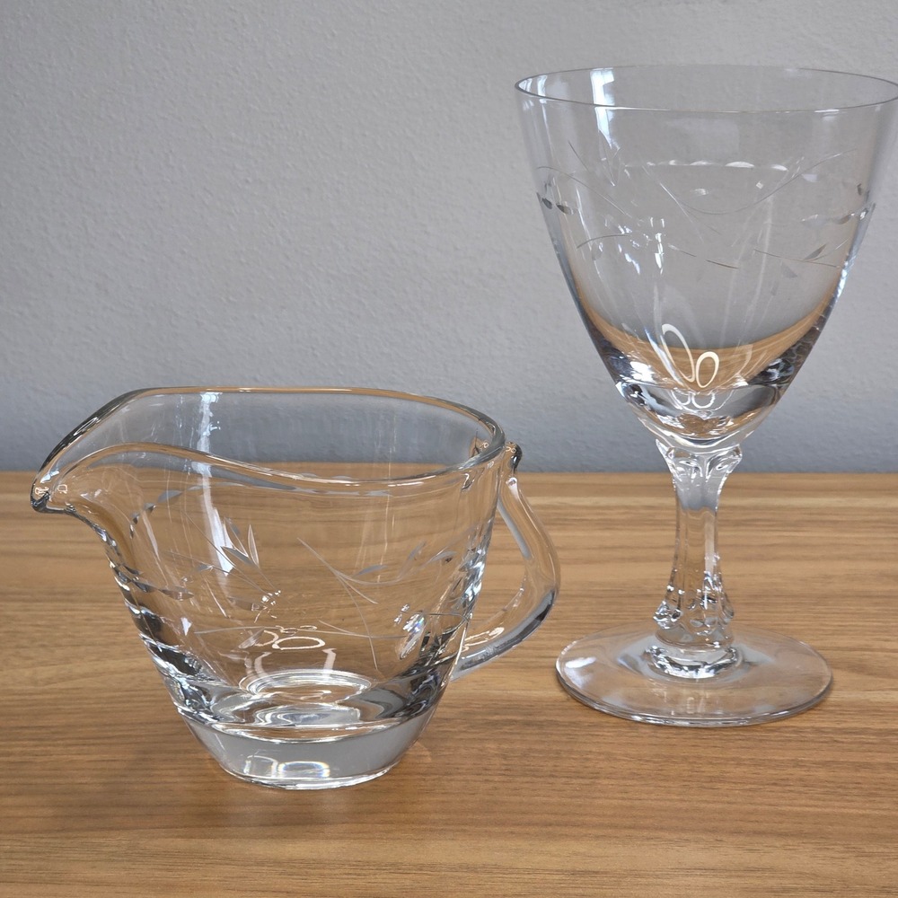 Vintage Fostoria Nosegay‎ Water Goblet 6 1/4" Tall and Creamer Etched Crystal